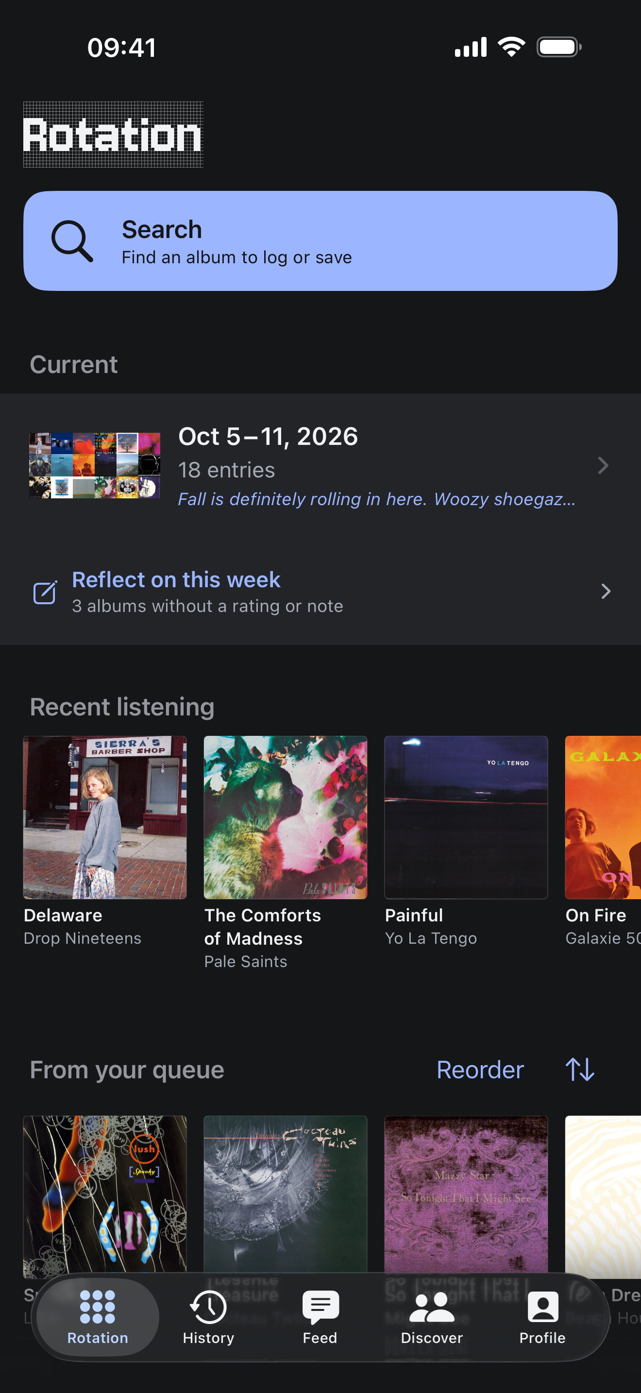 Rotation's Home screen with the current rotation, Reflect on this week, recent listening, and the listening queue with a Reorder link.