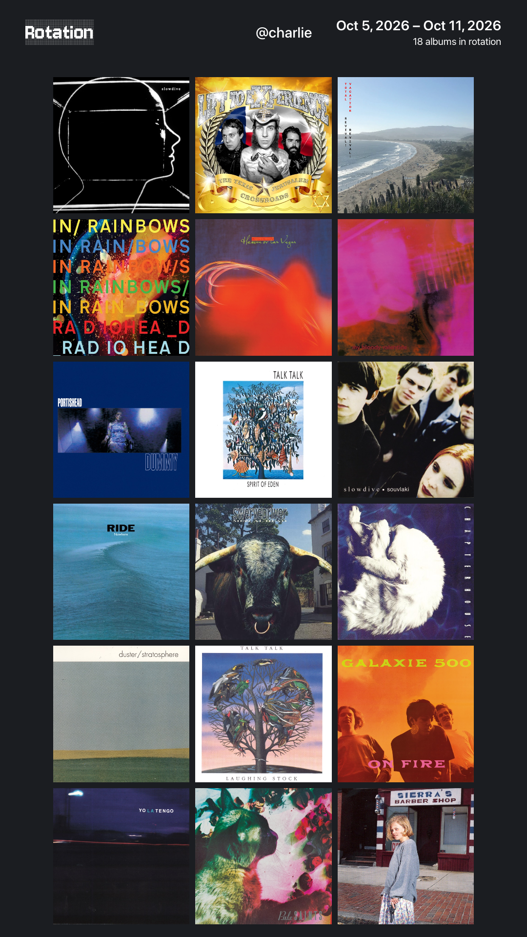 A share image exported from Rotation with the cover art of the same 18 albums.